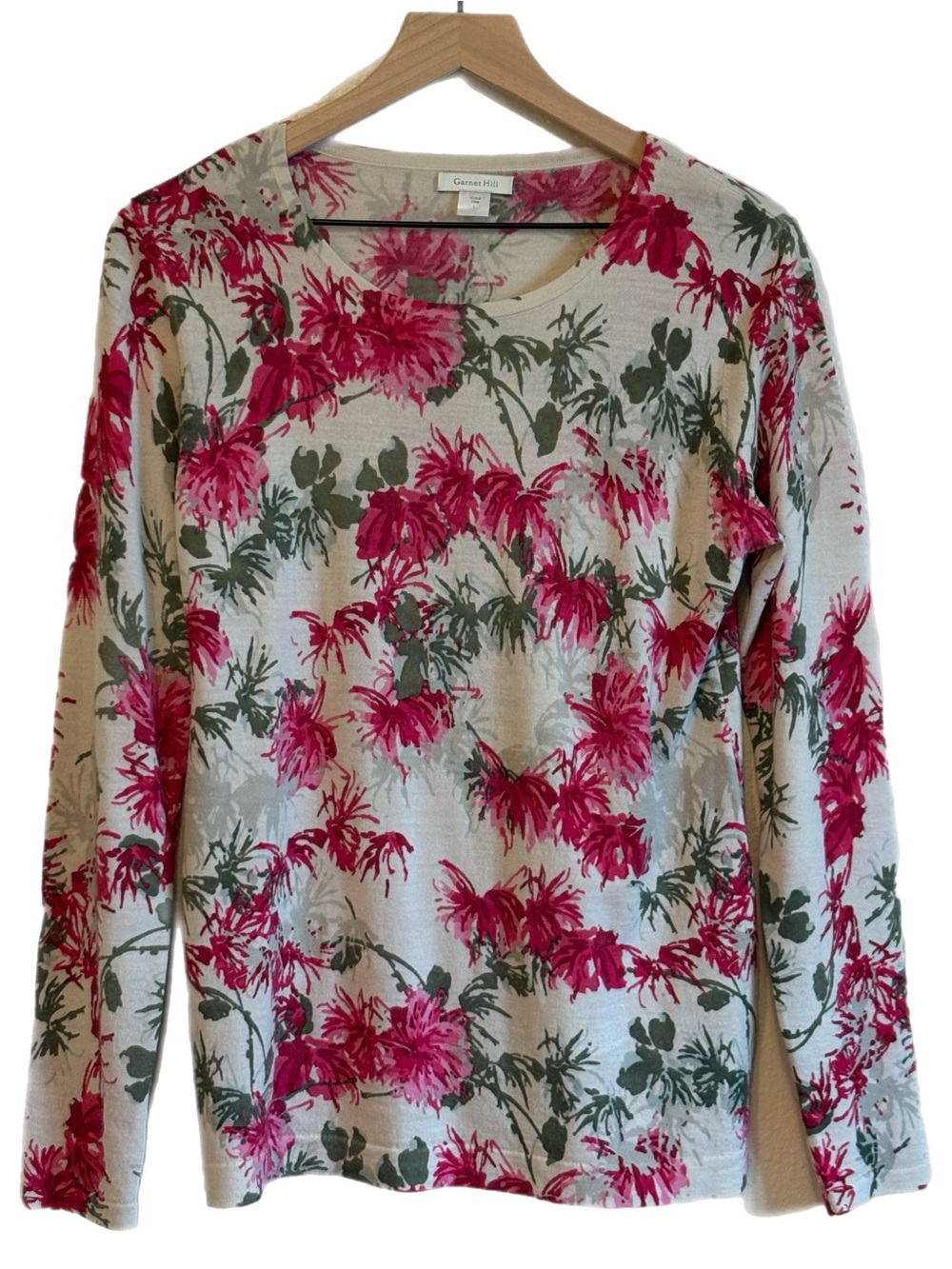 Garnet Hill 100% Merino Wool Long Sleeve Sweater Cream Pink Floral L Garden